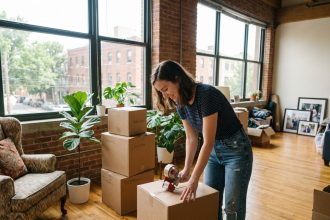 Jeune femme souriante en train d'emballer une boxe dans un appartement moderne