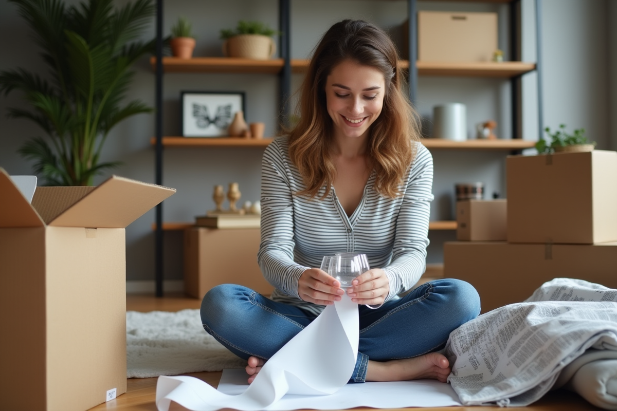 Femme emballant des verres à vin dans un appartement cosy