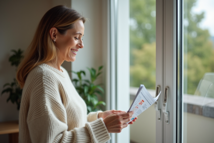 Femme examinant l'efficacite energetique d'une fenetre double vitrage