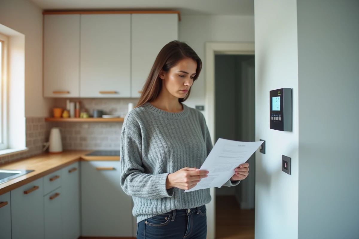 Femme préoccupée tenant une facture d'électricité élevée dans une cuisine moderne avec tableau électrique visible