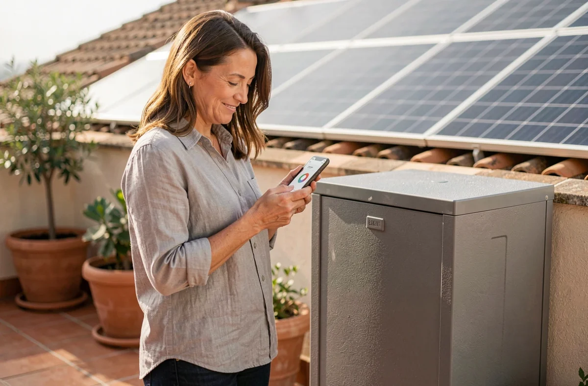 Femme consultant l'application de gestion de sa batterie solaire sur une terrasse