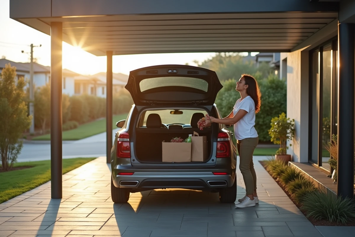 Jeune femme décharge des courses sous un carport en aluminium