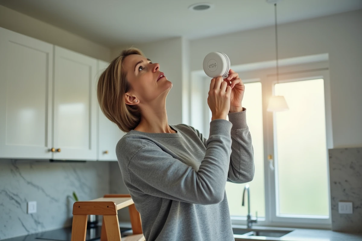 Femme inspectant un détecteur de fumée fixé au plafond de sa cuisine depuis un escabeau