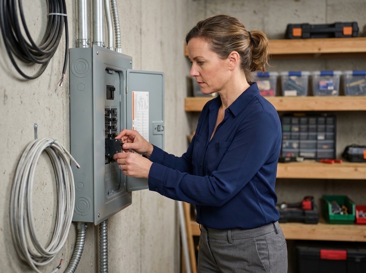 Femme installant un disjoncteur dans un boîtier électrique dans un garage organisé