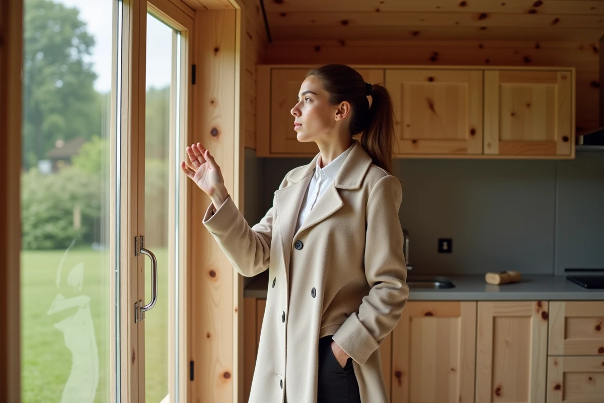 Jeune femme vérifiant une jointure en bois dans un chalet