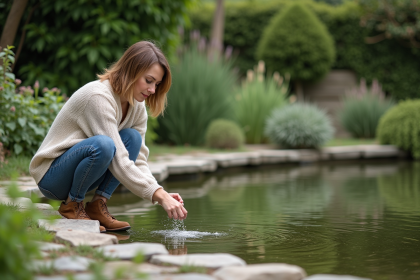 Femme dans le jardin saupoudrant du bicarbonate sur un étang