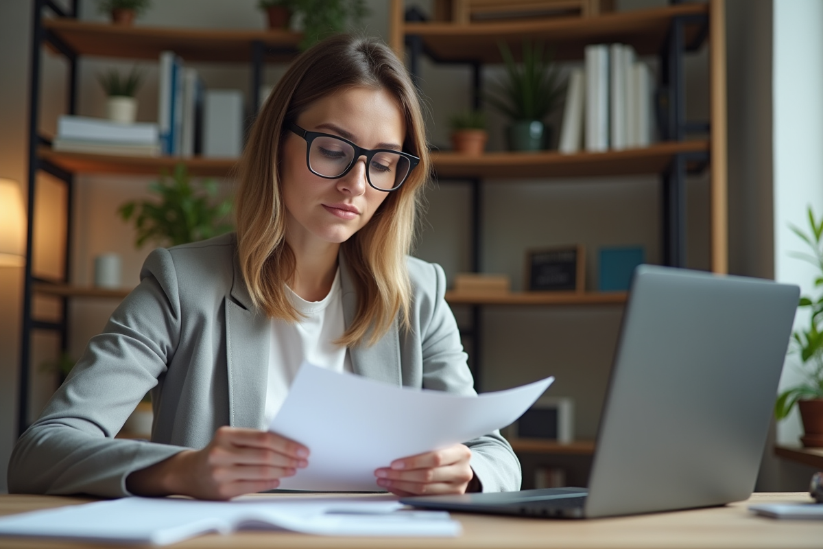 Femme en bureau lisant des documents avec concentration
