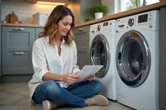 Femme lisant un manuel de lave-linge dans la cuisine