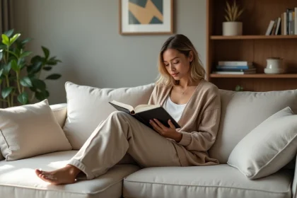 Femme élégante lisant sur un sofa moderne dans un salon minimaliste