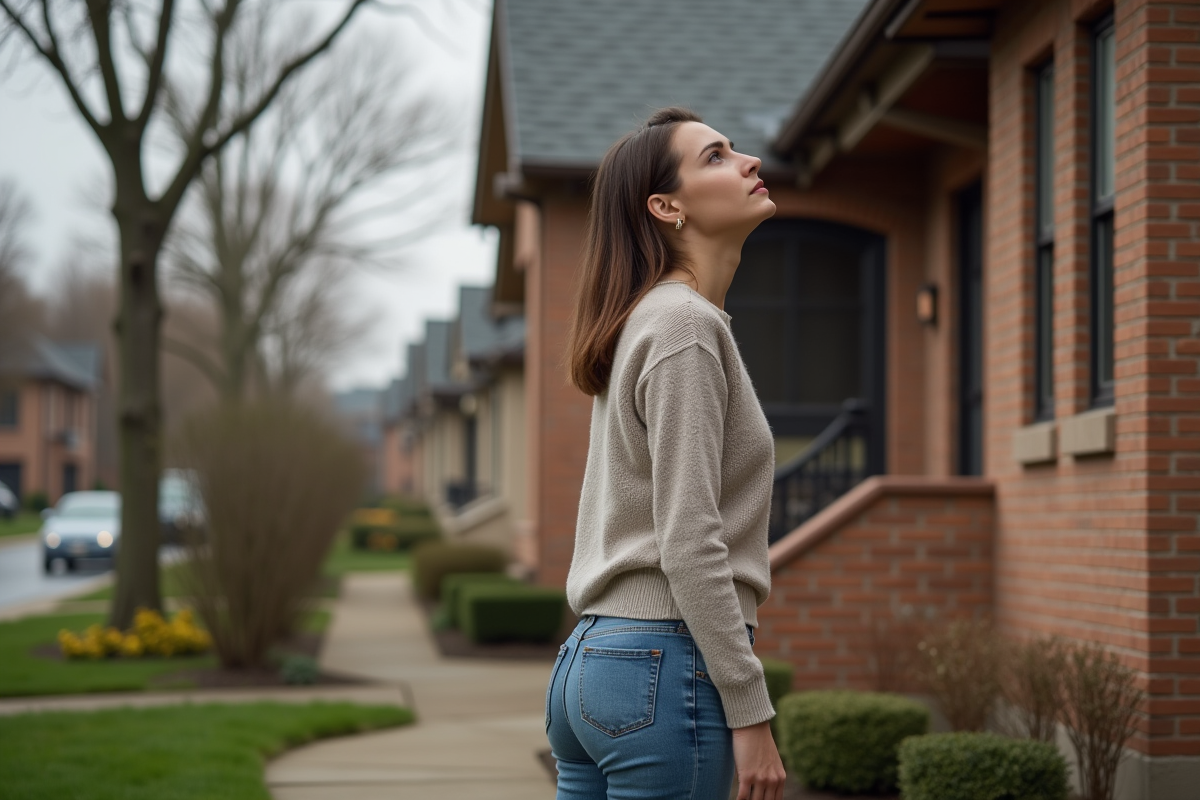 Jeune femme regardant sa maison dans un quartier résidentiel