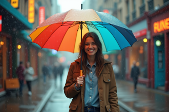 Femme souriante sous un parapluie coloré dans la ville