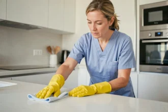 Femme de ménage professionnelle nettoyant un plan de travail dans une cuisine moderne d'appartement français