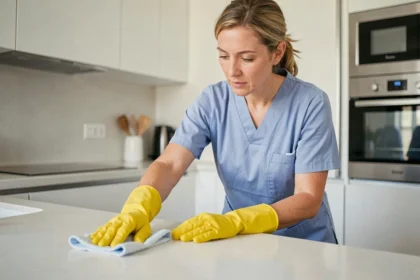 Femme de ménage professionnelle nettoyant un plan de travail dans une cuisine moderne d'appartement français