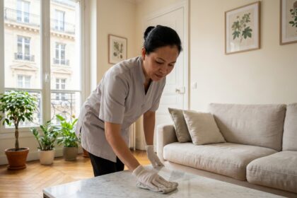 Femme de ménage professionnelle en uniforme gris soignant un salon élégant à Courbevoie pour Centre Services