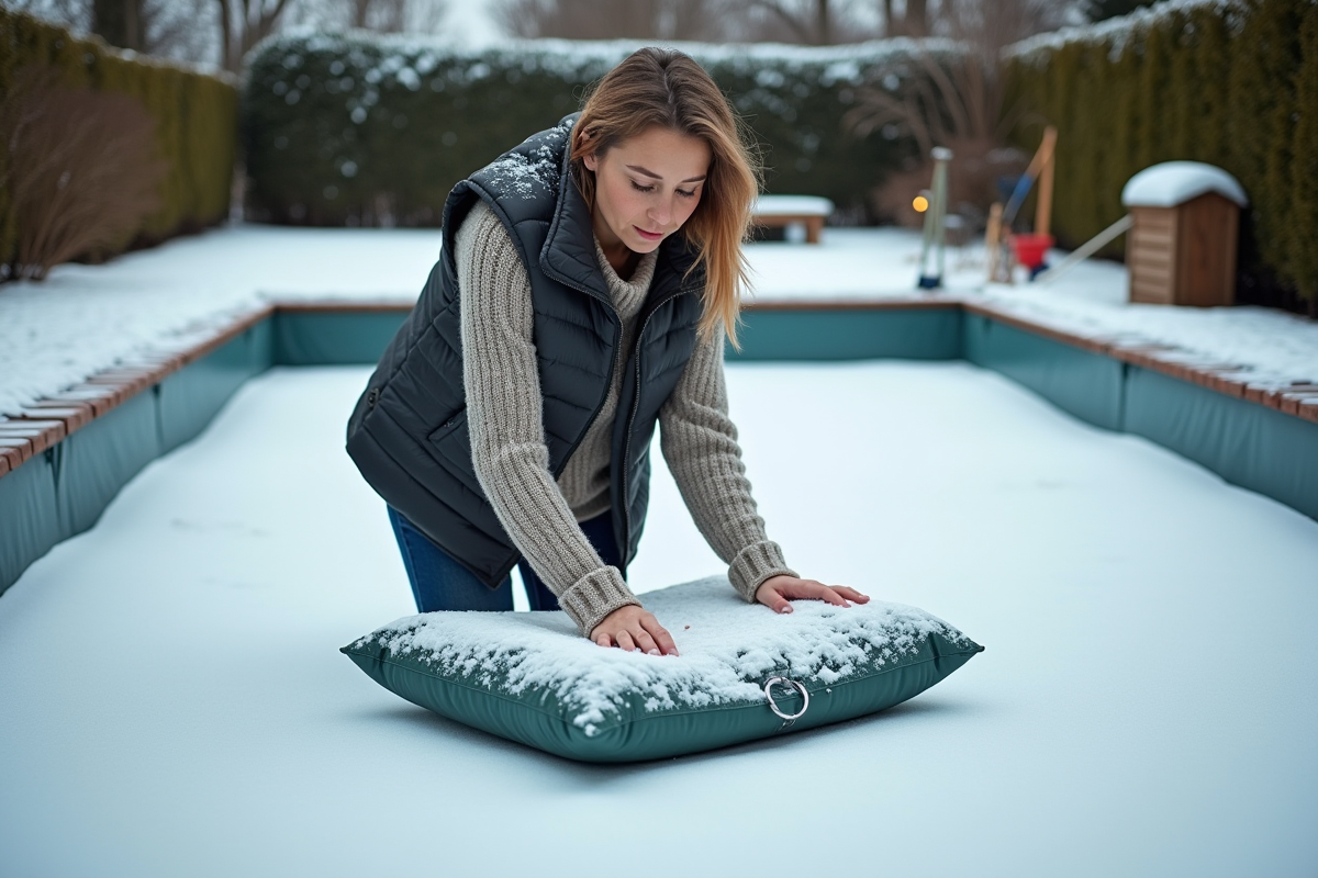 Femme en gilet et pull brosse la piscine en hiver