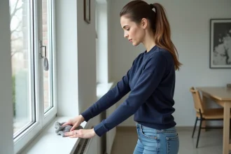 Jeune femme nettoyant une fenêtre PVC blanche à la maison