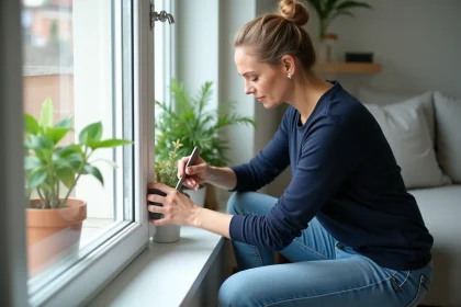 Femme nettoyant un cadre PVC avec une spatule dans un salon moderne