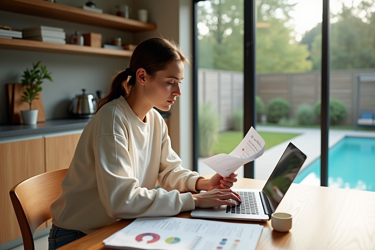 Jeune femme planifiant avec un ordinateur dans une cuisine lumineuse