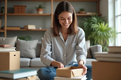 Femme triant des livres dans un salon moderne et lumineux