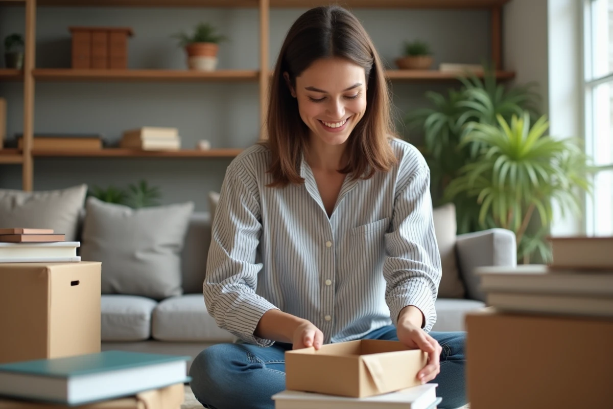 Femme triant des livres dans un salon moderne et lumineux
