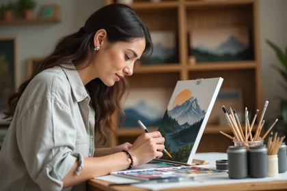 Femme adulte peignant par numéros un paysage de montagne sur une toile numérotée posée sur une table d'atelier en bois