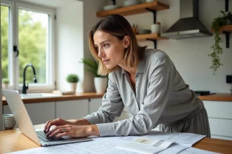 Femme planifiant la rénovation de sa maison avec un outil budget en ligne sur ordinateur portable, entourée de plans architecturaux sur une table en bois