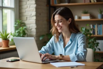 Jeune femme souriante recherchant immobilier sur ordinateur