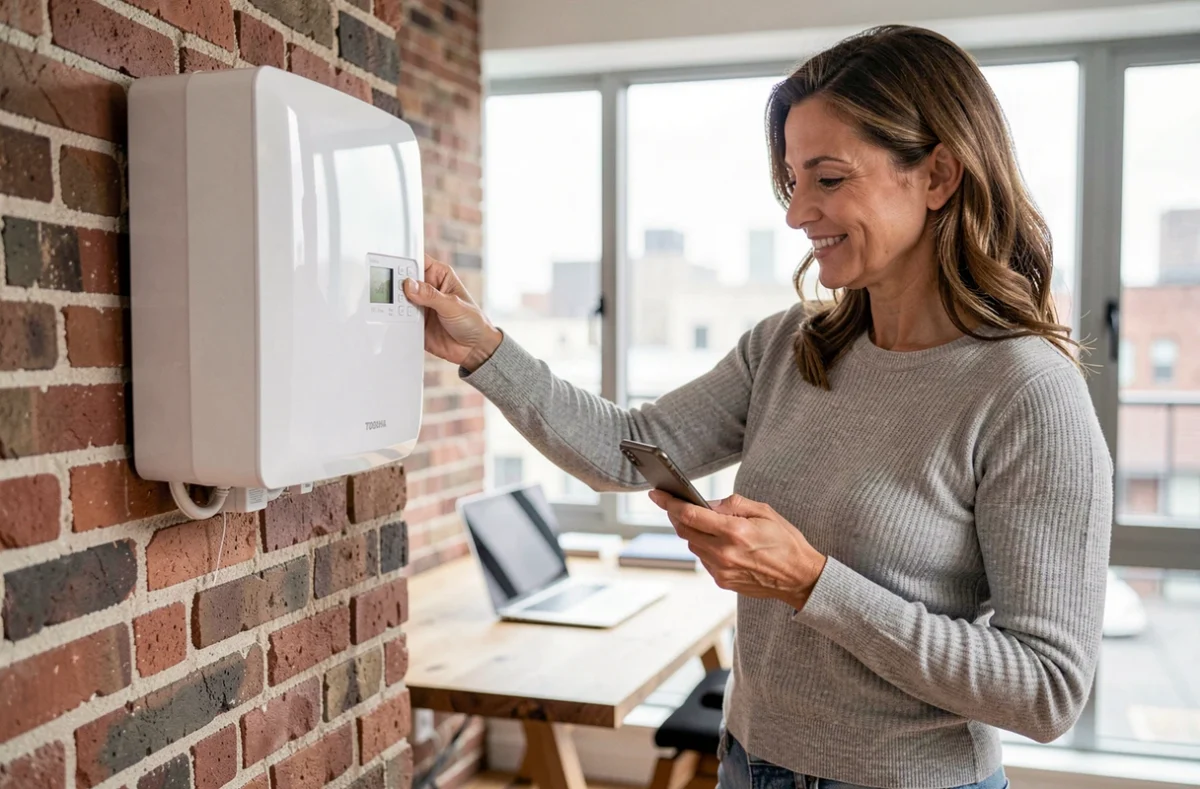 Femme réglant sa pompe à chaleur Toshiba murale dans un bureau à domicile rénové