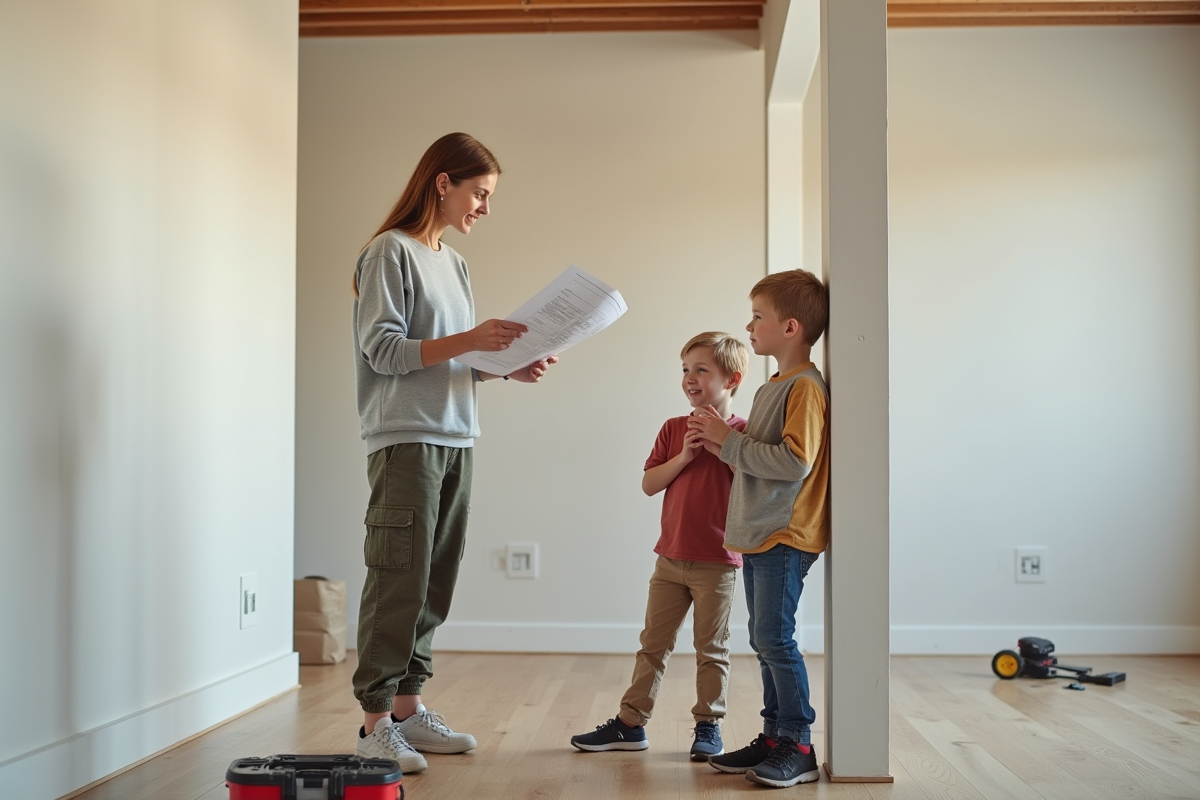 Femme avec enfants montrant une cloison dans un sous-sol fini