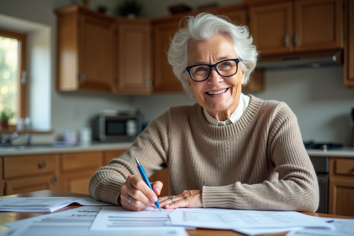 Seniore assise à la table vérifiant factures de toiture