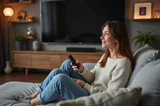Femme détendue dans un salon moderne avec écran géant