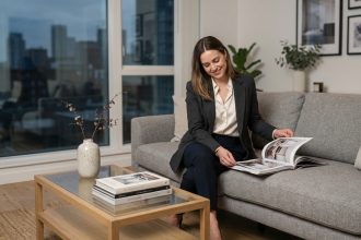 Femme élégante dans un salon moderne et lumineux