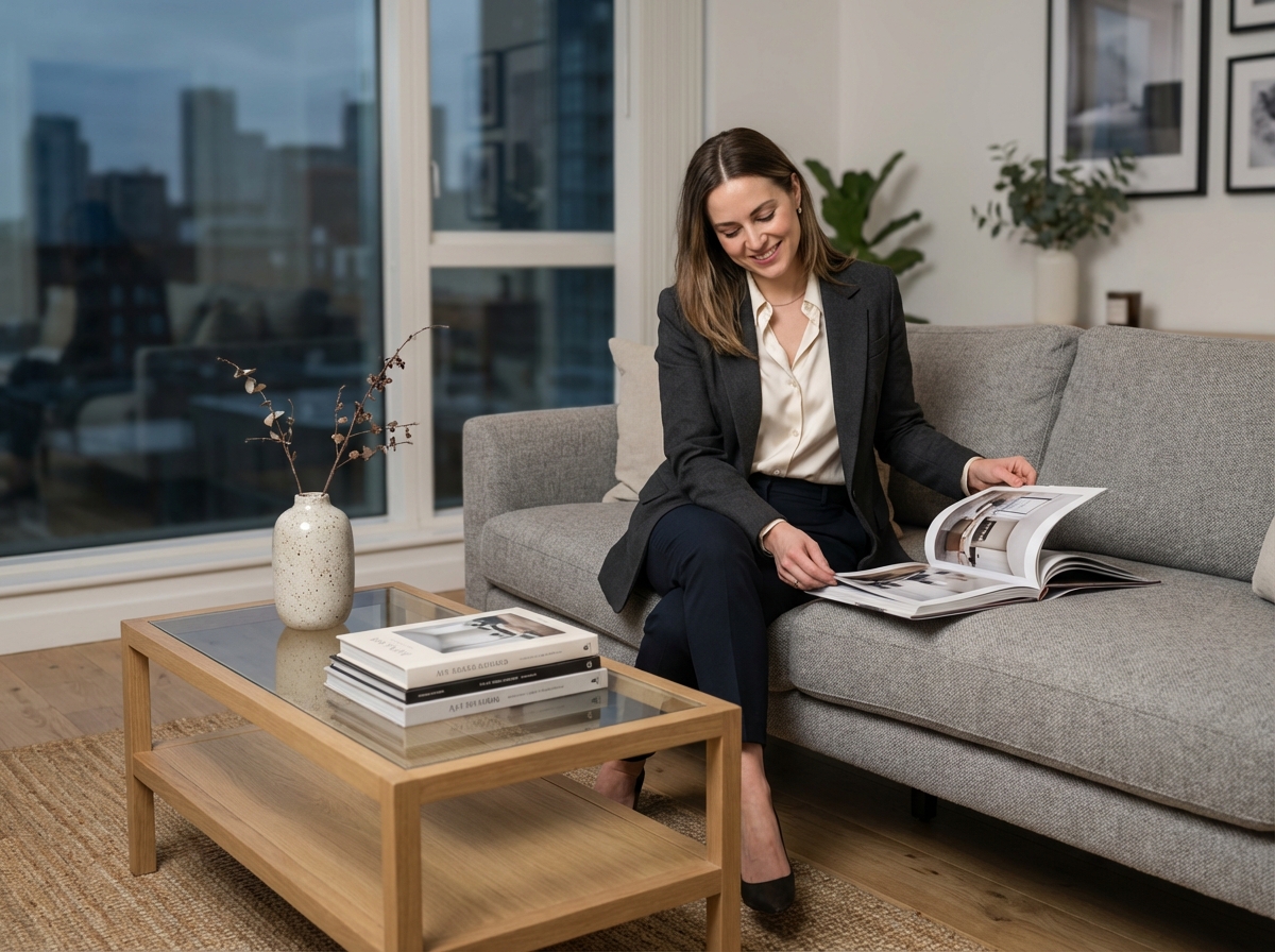 Femme élégante dans un salon moderne et lumineux