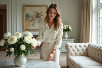 Femme élégante arrangeant des pivoines blanches dans un salon raffine