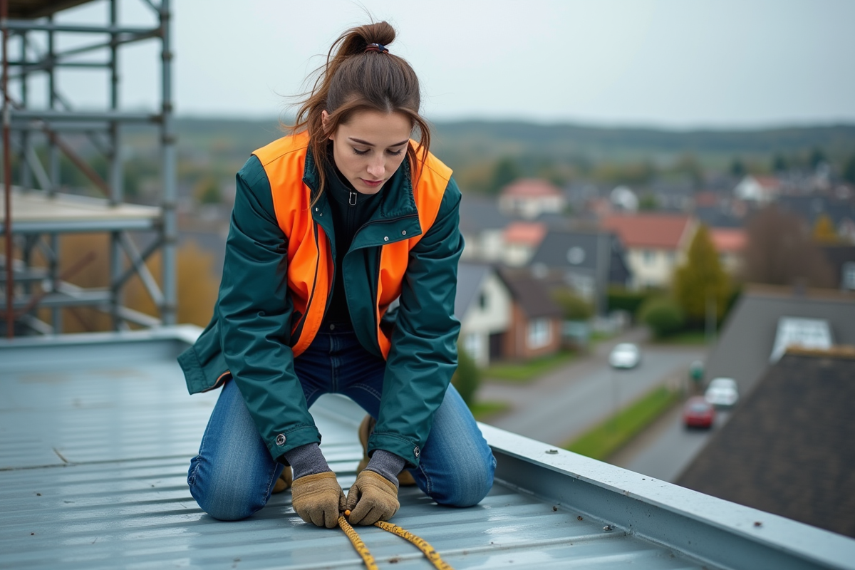 Femme en sécurité fixant une ligne sur un toit en métal