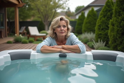 Femme d'âge moyen près d'un spa extérieur dans un jardin