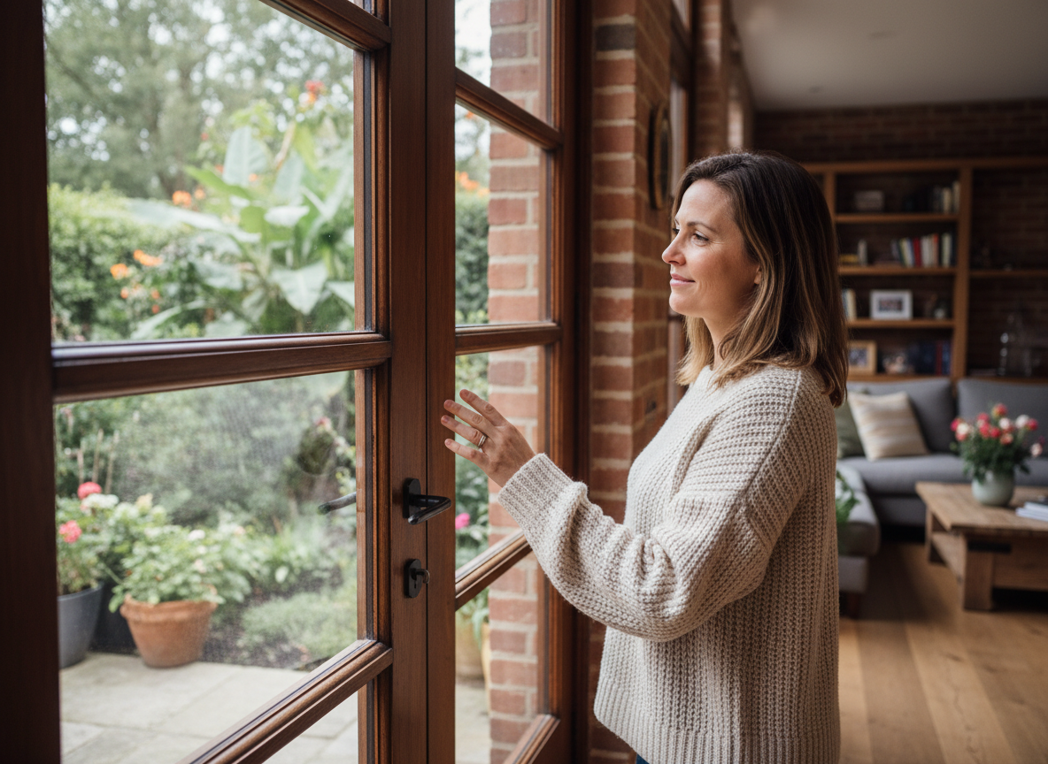 Jeune femme vérifiant l isolation d une porte-fenêtre en bois