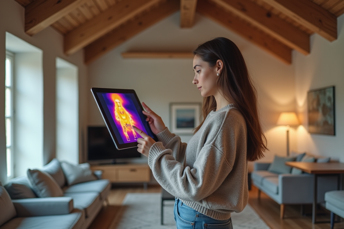 Femme utilisant une caméra thermique sur tablette dans un salon