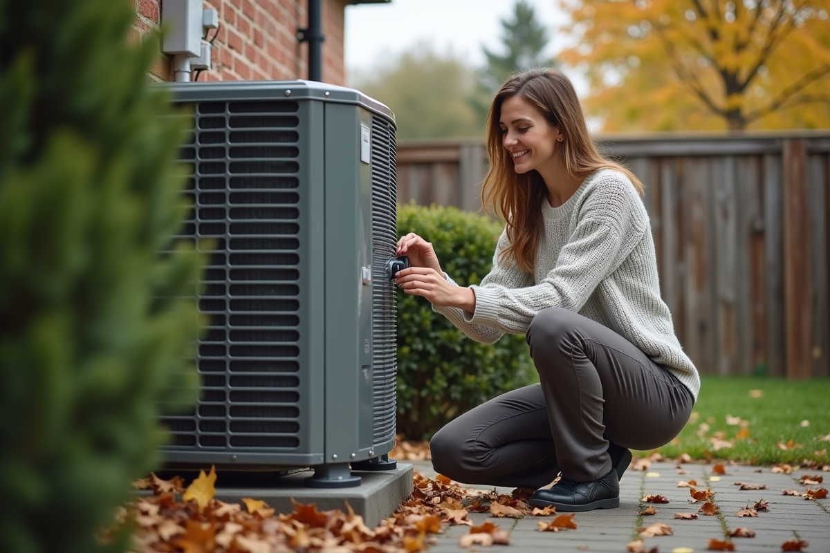 Femme vérifiant une pompe à chaleur dans un jardin résidentiel