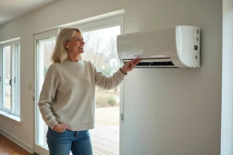 Femme examine une thermopompe murale dans son salon moderne