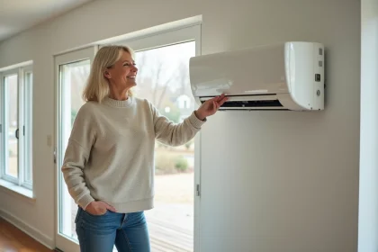 Femme examine une thermopompe murale dans son salon moderne