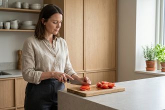 Femme en cuisine tranchant des tomates mûres