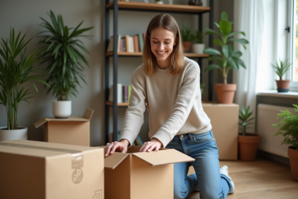 Jeune femme triant des cartons recyclables dans un salon cosy