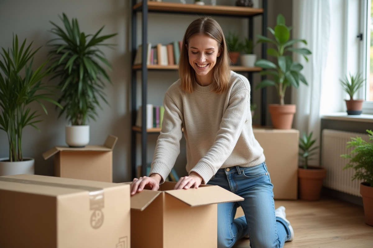 Jeune femme triant des cartons recyclables dans un salon cosy
