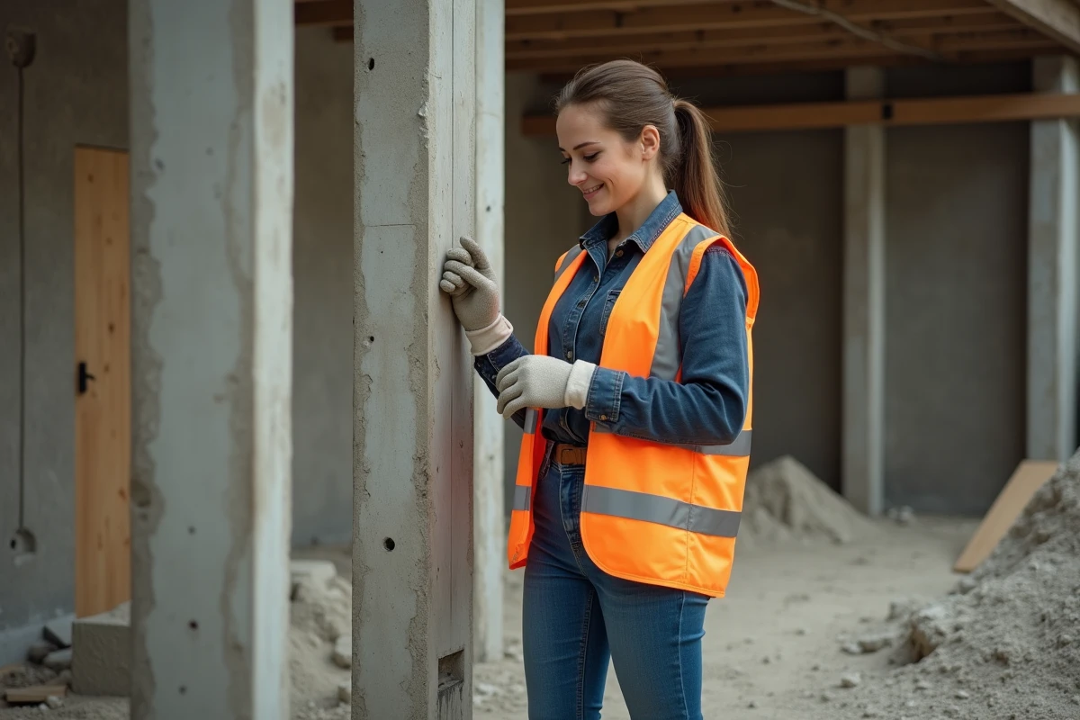 Jeune femme vérifiant la consistance du béton dans un atelier