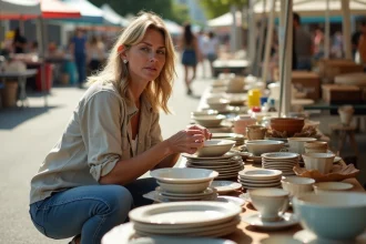 Femme examinant des céramiques vintage sur une table de vide-grenier en plein air en Loire-Atlantique