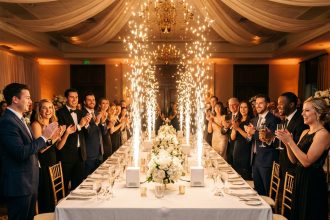 Feux d'artifice d'intérieur dorés illuminant une table de réception lors d'une soirée élégante en salle