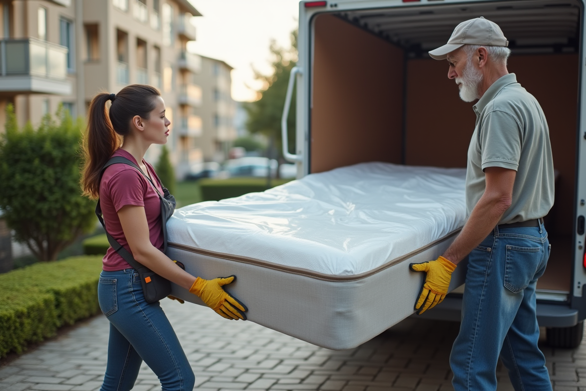 Fille et père déplaçant un matelas à l