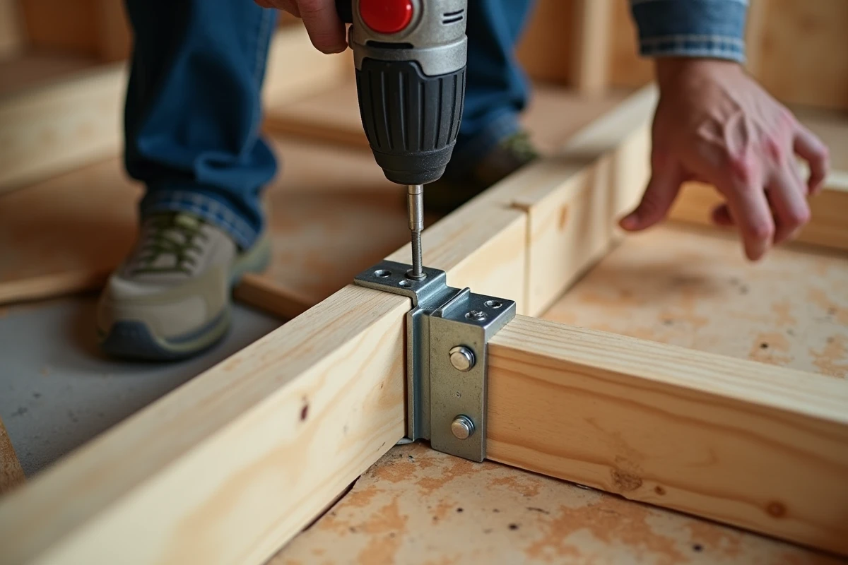Fixation d'une solive de plancher bois avec un sabot métallique et une visseuse sans fil en gros plan