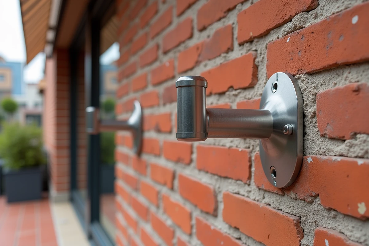 Chevilles à scellement chimique et tiges filetées fixant des supports muraux d'un store banne lourd sur un mur en briques